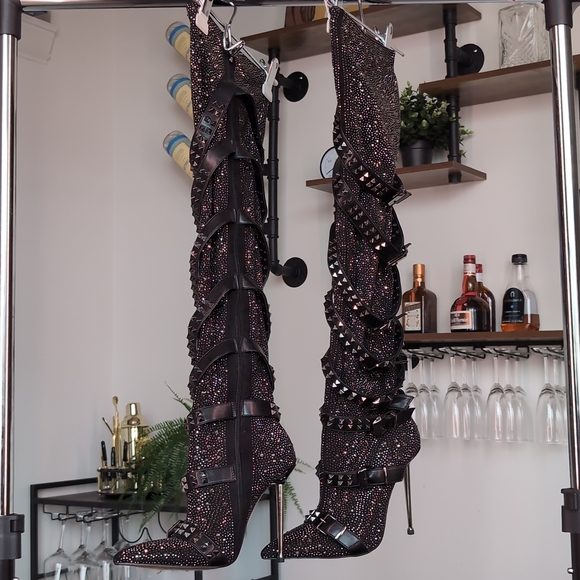 Azalea Wang Shoes - AZALEA WANG Superior Thigh High Rhinestone Spike Stiletto Boot - Black